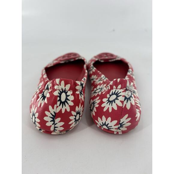 Tory Burch Minnie Travel Flats Womens 9M Red White Ballet Floral Leather Slip On - Picture 8 of 11